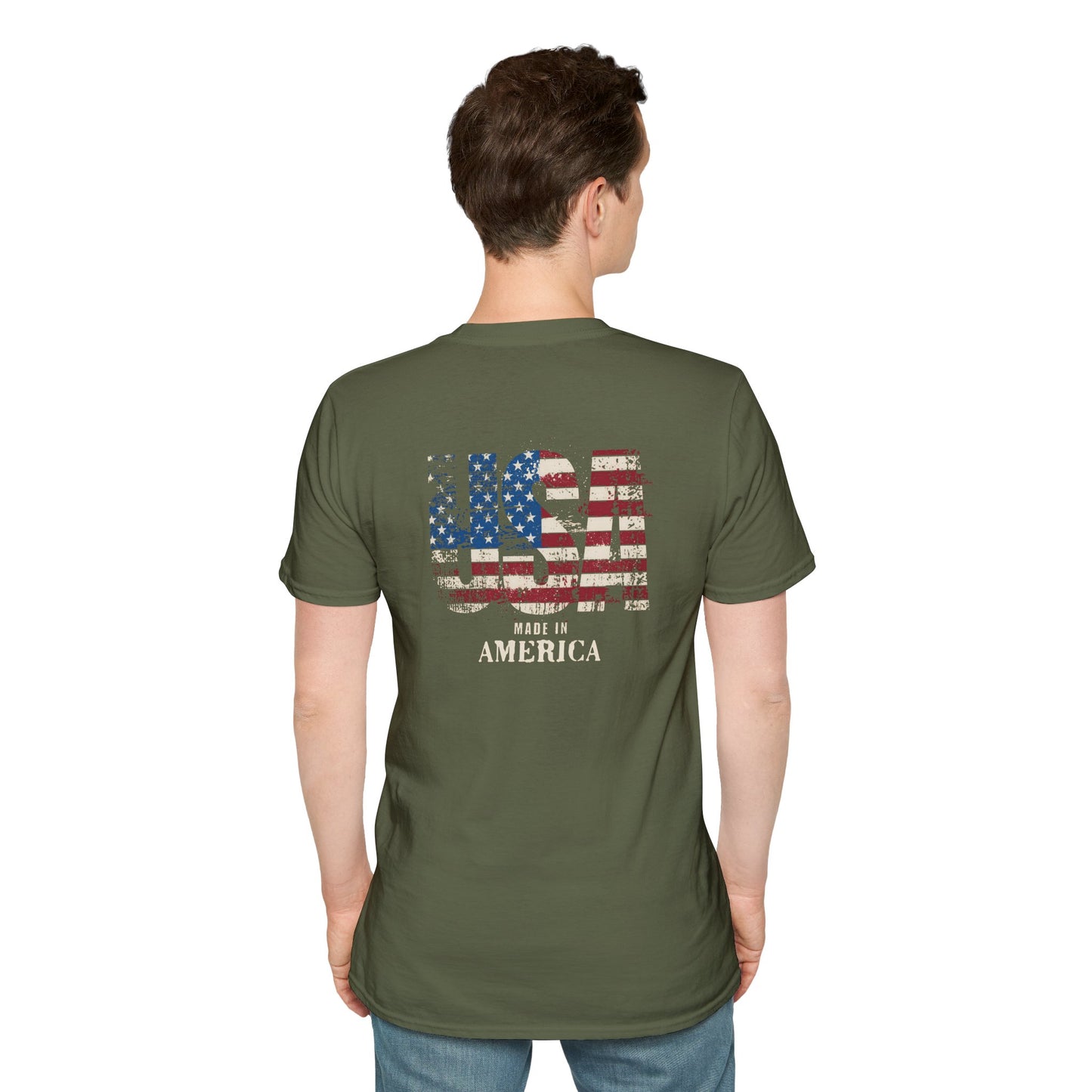 Patriotic Unisex Softstyle T-Shirt - USA Made Vintage Flag Design